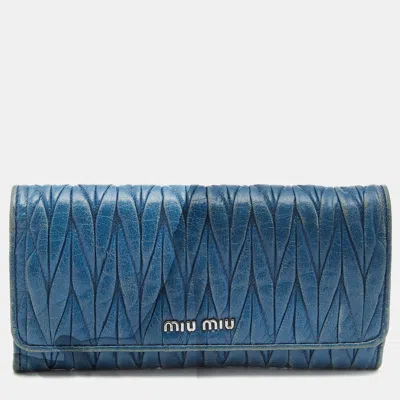 Pre-owned Miu Miu Blue Matelasse Leather Flap Continental Wallet