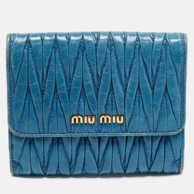Pre-owned Miu Miu Blue Matelassé Leather Flap French Wallet