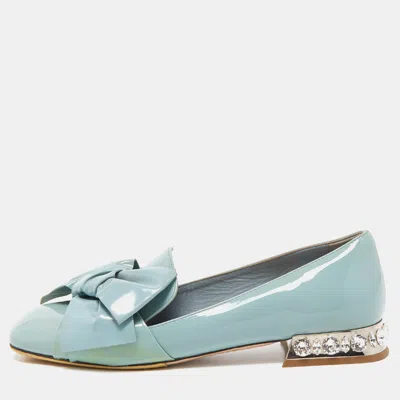 Pre-owned Miu Miu Blue Patent Leather Crystal Embellished Bow Smoking Slippers Size 35
