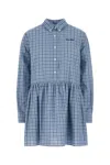 Miu Miu Embroidered Cotton Mini Dress With Pleated Waist In Blue