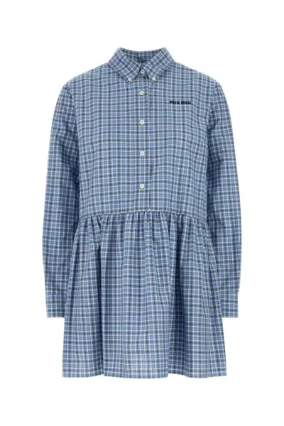 Miu Miu Blue Pleated Checked Poplin Dress