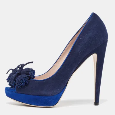 Pre-owned Miu Miu Blue Suede Peep Toe Platform Pumps Size 37.5 In Navy Blue