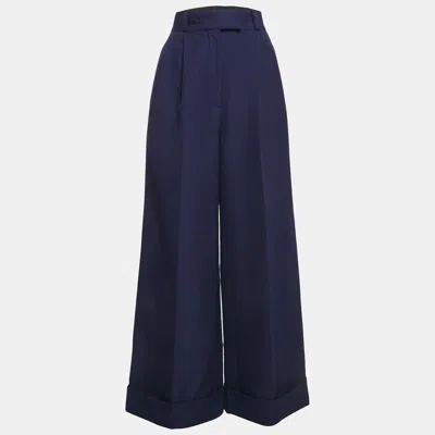 Pre-owned Miu Miu Blue Wool Drill Wide-leg Pleated Trousers Xs