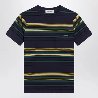 Miu Miu Blue/bottle Green Striped Jersey T-shirt