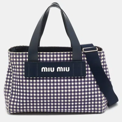 Pre-owned Miu Miu Blue/white Gingham Check Fabric Tote