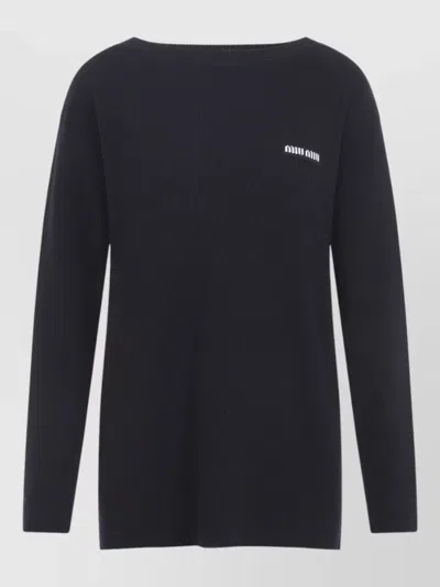 Miu Miu Boat Neck Wool Sweater Relaxed Silhouette In Blue