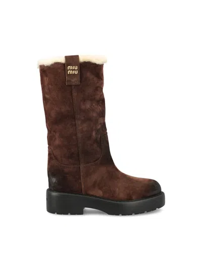 Miu Miu Suede Tall Moto Boots In Brown