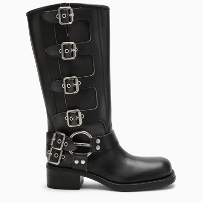 Miu Miu Boots With Black Leather Buckles In Nero