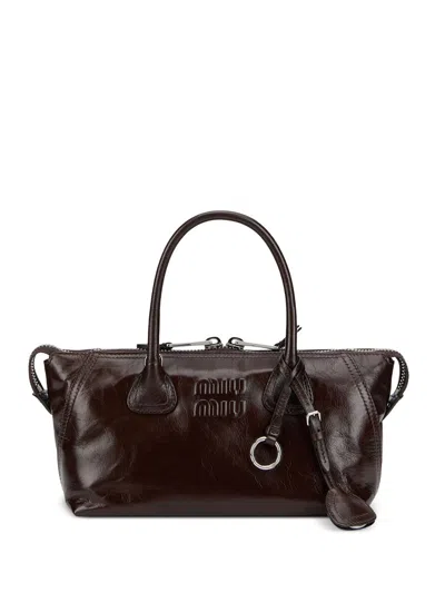 Miu Miu Borsa Tote In Pelle Con Logo In Rilievo In Marrone