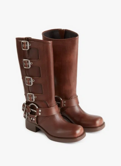 Miu Miu Studded Leather Knee-high Boots In Brown