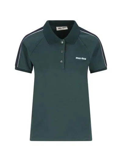 Miu Miu Two-tone Jersey Polo With Embroidered Logo In Green