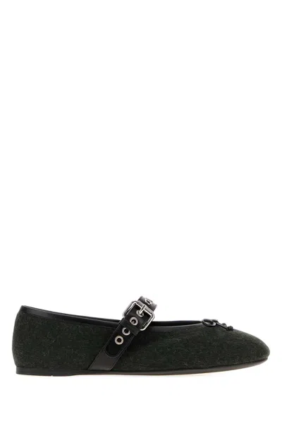 Miu Miu Flannel Ballerina Flats With Leather Lining And Rubber Sole In Green