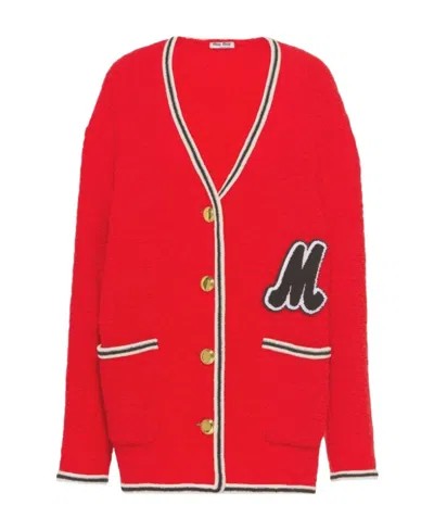 Miu Miu Bouclé Single-breasted Longline Cardigan In Red