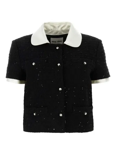 Miu Miu Bouclé Cardigan With Button Detailing And Contrast Collar In Black