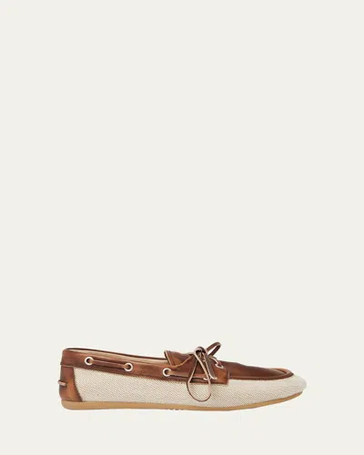 MIU MIU BOW CANVAS LEATHER BOAT SHOES