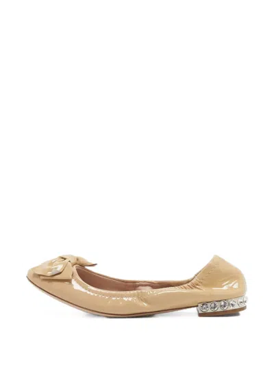 Pre-owned Miu Miu Bow Crystal Ballet Flats In Neutral