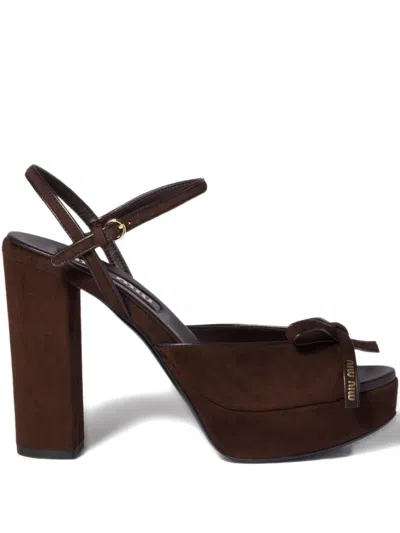 Miu Miu Bow-detail Block-heel Sandals In Brown