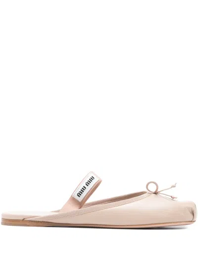 Pre-owned Miu Miu Bow-detail Elastic-strap Ballet Flats In Neutral