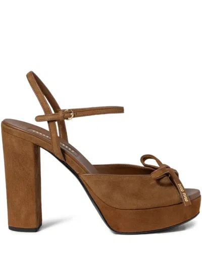 Miu Miu Bow-detail Heeled Sandals In Brown