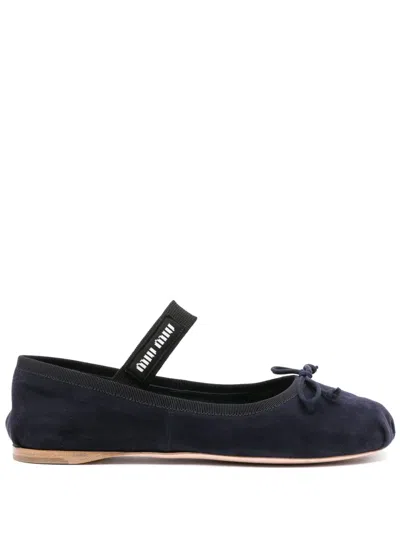 Miu Miu Bow-detail Suede Ballerina Shoes In Blue