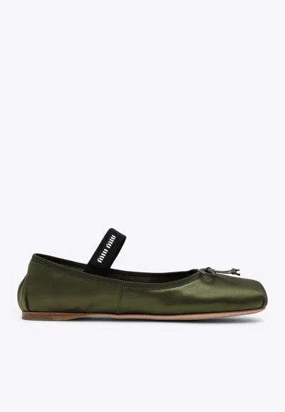 Miu Miu Bow Embellished Satin Ballet Flats In Green