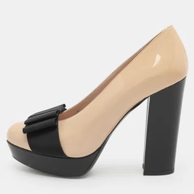 Pre-owned Miu Miu Bow Size 38 Beige Patent Leather Platform Pumps In Sand