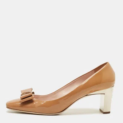 Pre-owned Miu Miu Bow Size 40 Brown Patent Leather Block Heel Pumps