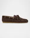 Miu Miu Bow Woven Suede & Leather Boat Shoes In Moro