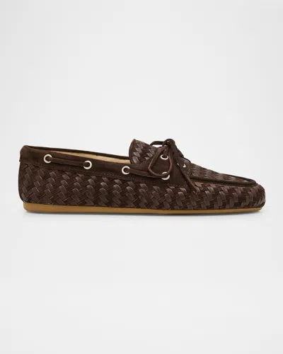 Miu Miu Bow Woven Suede & Leather Boat Shoes In Moro