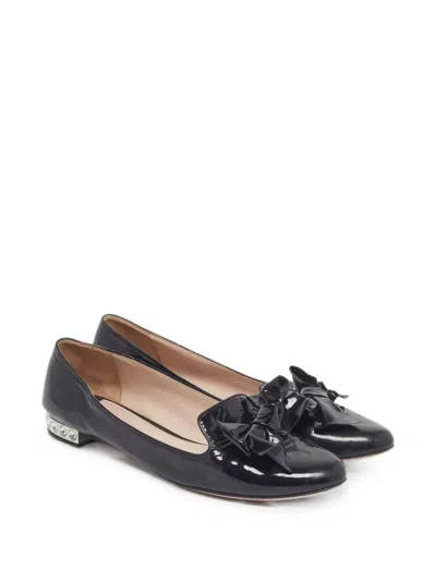 Pre-owned Miu Miu Bow-detail Crystal-embellished Ballet Flats In Black