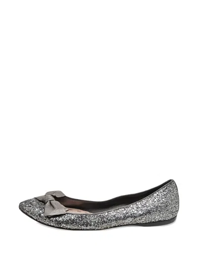Pre-owned Miu Miu Bow-detail Glitter Ballet Flats In Silver