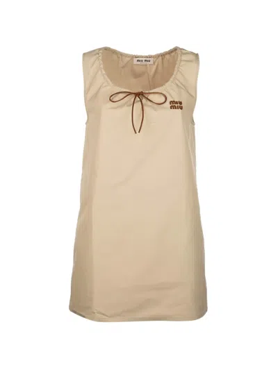 Miu Miu Bow-detail Logo-patch Mini Dress In Neutral
