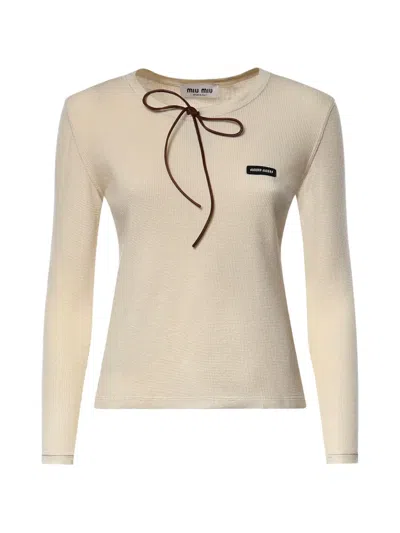 Miu Miu Bow-detail Waffle-knit Long-sleeve T-shirt In Neutral