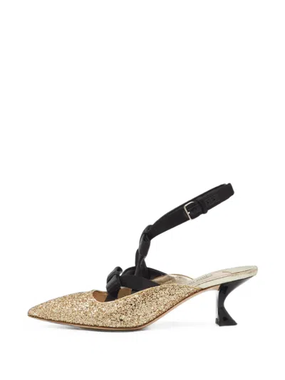 Pre-owned Miu Miu Bow-embellished Pointed-toe Mules In Gold