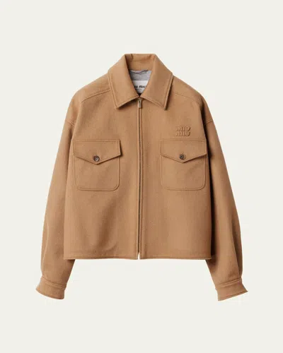 Miu Miu Boxy Cropped Camel Hair Jacket In Brown