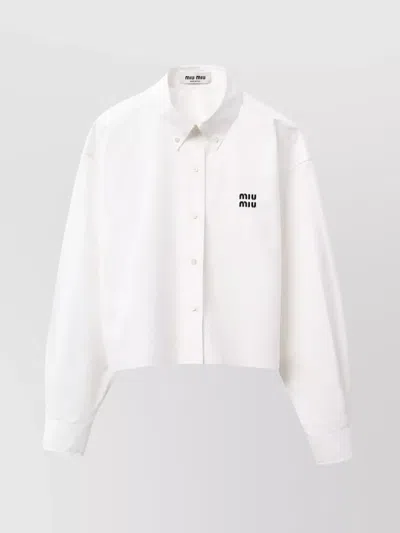 Miu Miu Cropped Long Sleeve Shirt With Point Collar In White