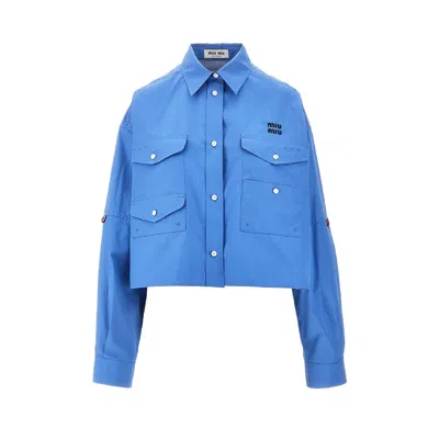 Miu Miu Boxy Fit Shirt With Cargo Pockets In Blue