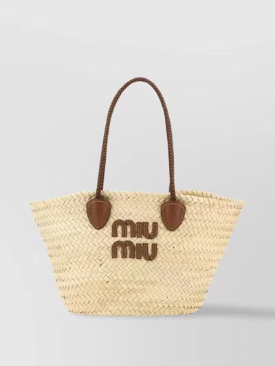 Miu Miu Braided Handle Shopping Tote In Beige