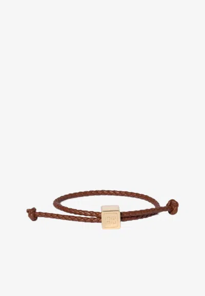 Miu Miu Braided Leather Logo Bracelet In Brown