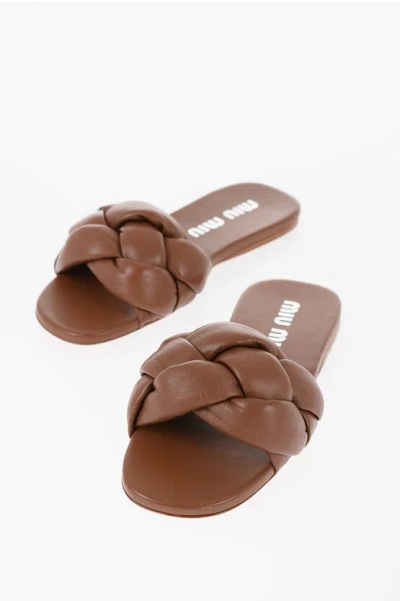Miu Miu Braided Leather Slides In Brown