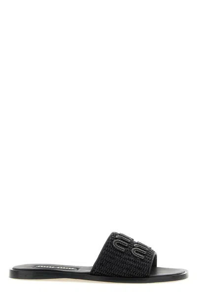 Miu Miu Braided Slides With Logo In Black