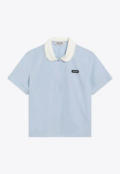 Miu Miu Short-sleeved Cotton Poplin Shirt In Blue