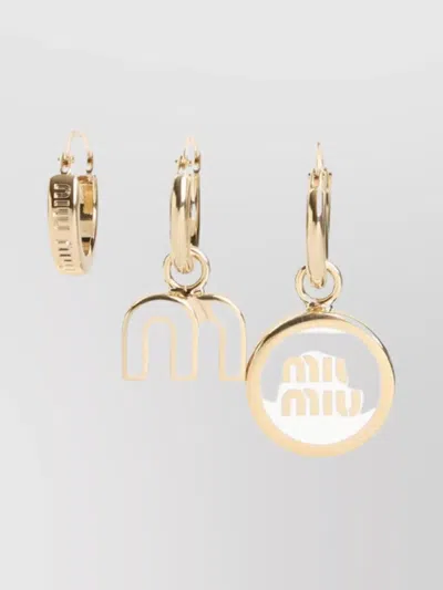 Miu Miu Brass Hoop Earrings Logo Pendants In Gold