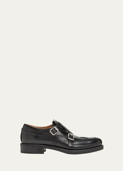Miu Miu Brogue Leather Double Monk Loafers In Black