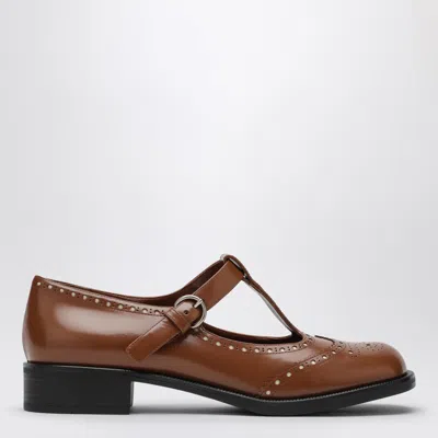 Miu Miu Brushed Leather T-strap Brogue Shoes In Brown