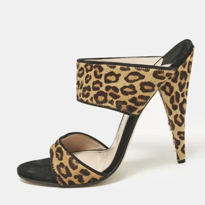 Pre-owned Miu Miu Brow Leopard Print Calf Hair And Suede Slide Sandals Size 38 In Brown