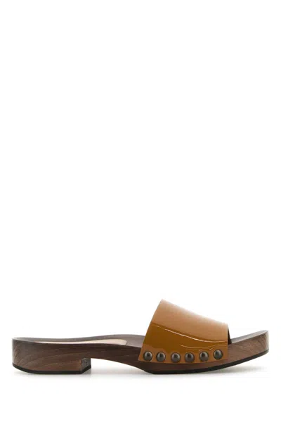 Miu Miu Camel Leather Clogs In Brown