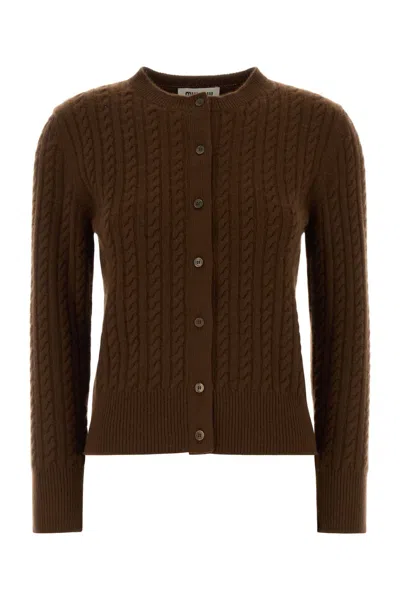 Miu Miu Cashmere Cardigan Crew Neck Cable Knit In Brown