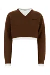 Miu Miu Long Sleeve Cropped Sweater In Brown