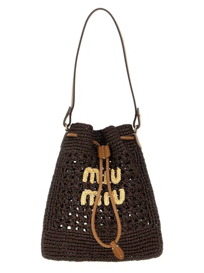 MIU MIU BROWN CROCHET MINI BUCKET BAG